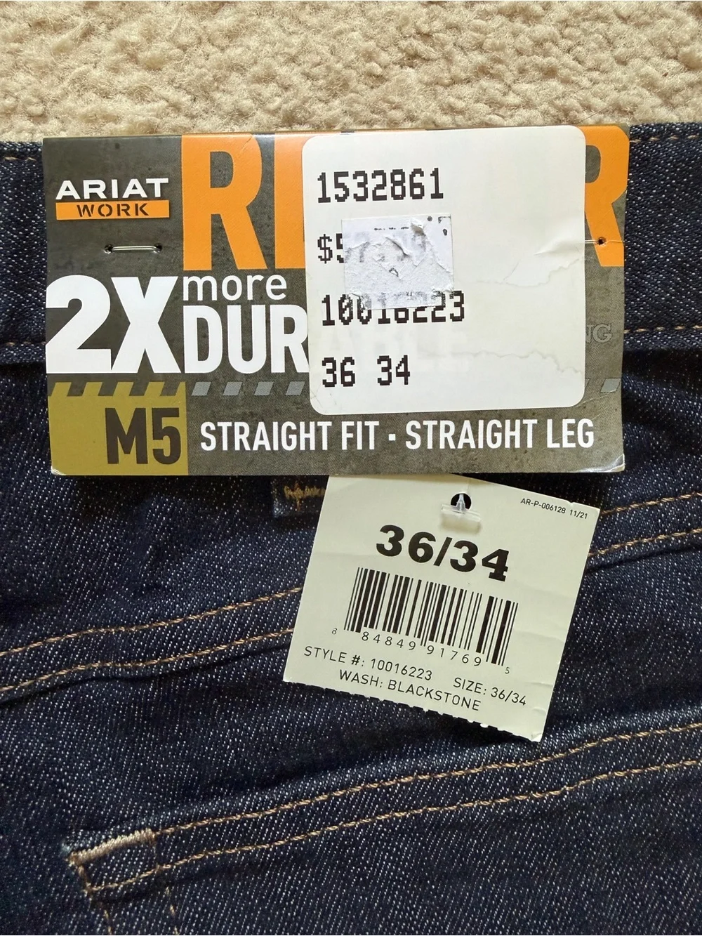 Ariat Jeans Mens 36x 34 Blue M5 Rebar Straight Denim Pants 2x More Durable NWT